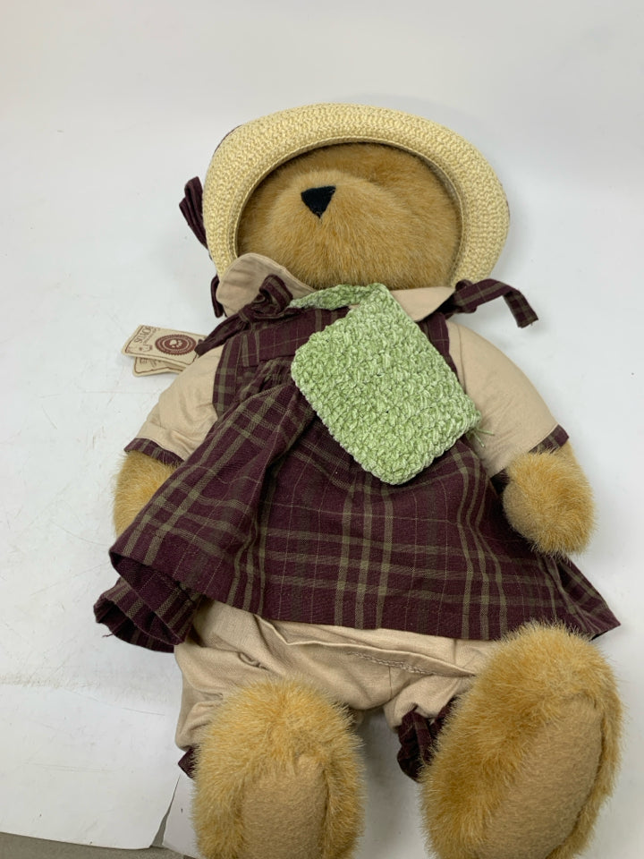 BLONDE BOYDS BEAR IN DARK PLAID DRESS/STRAW HAT.