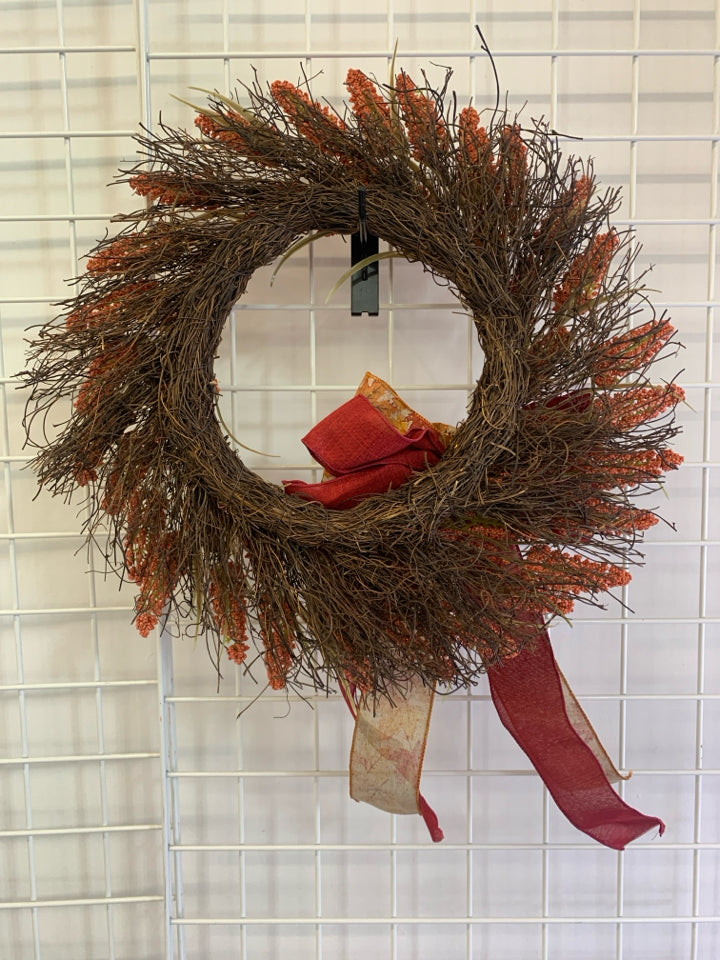 RED AUTUMN LEAVES, BERRIES, TWIGS WREATH.