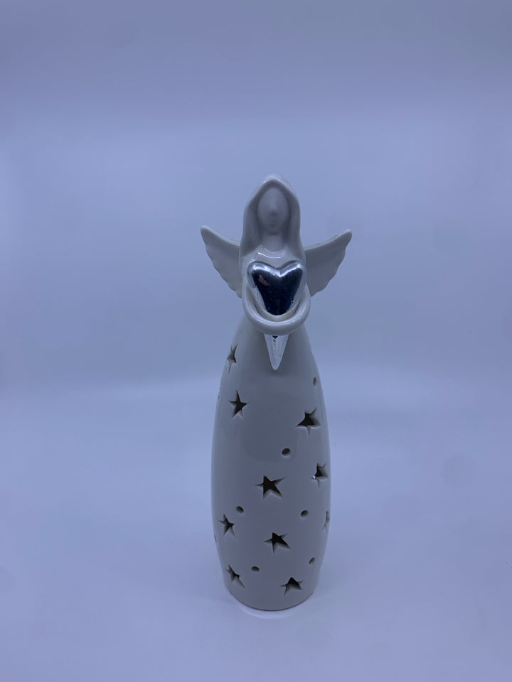 WHITE CERAMIC LIGHT UP ANGEL HOLDING SILVER HEART.