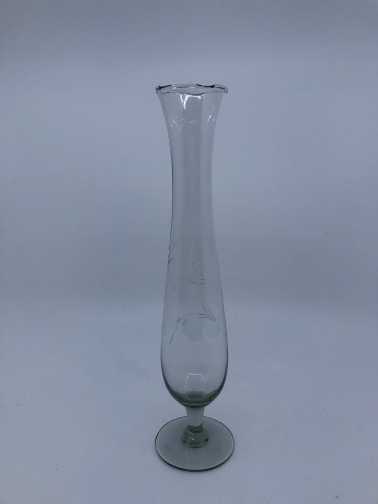 FOOTED SMOKED GLASS ETCHED FLORAL VASE.