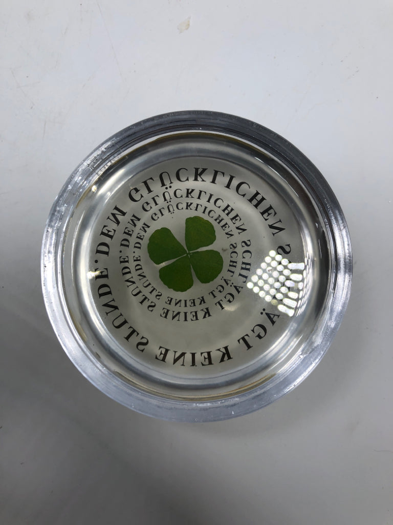 PRESERVED FOUR LEAF CLOVER W/IRISH WRITING PAPER WEIGHT.