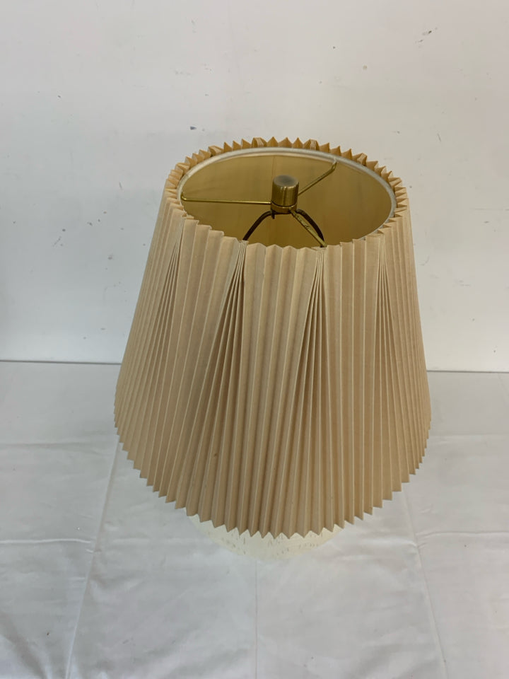 ROUND WHITE WOOD BASE LAMP W CREAM SHADE.