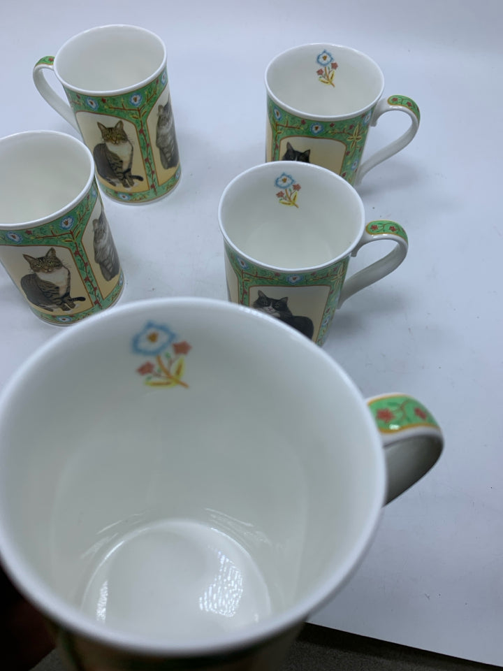 5 BONE CHINA ASSORTED CAT MUGS.
