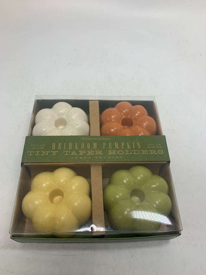 NIB WILLIAM SONOMA 4 ASSORTED HERLOOM PUMPKIN TINY TAPERED CANDLE HOLDERS.