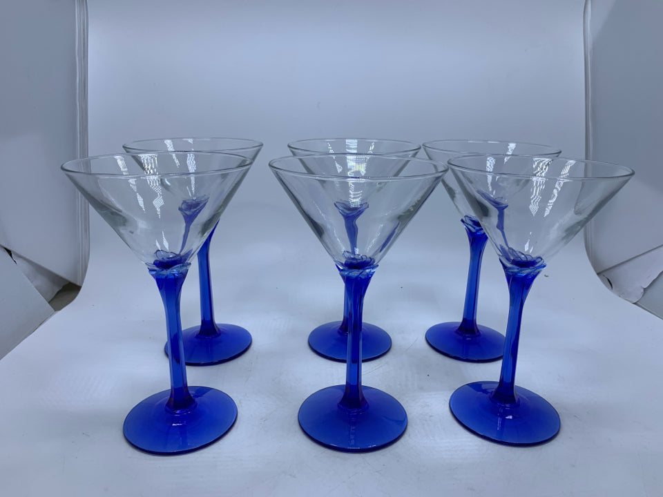 6 COBALT BLUE STEM MARTINI GLASSES.