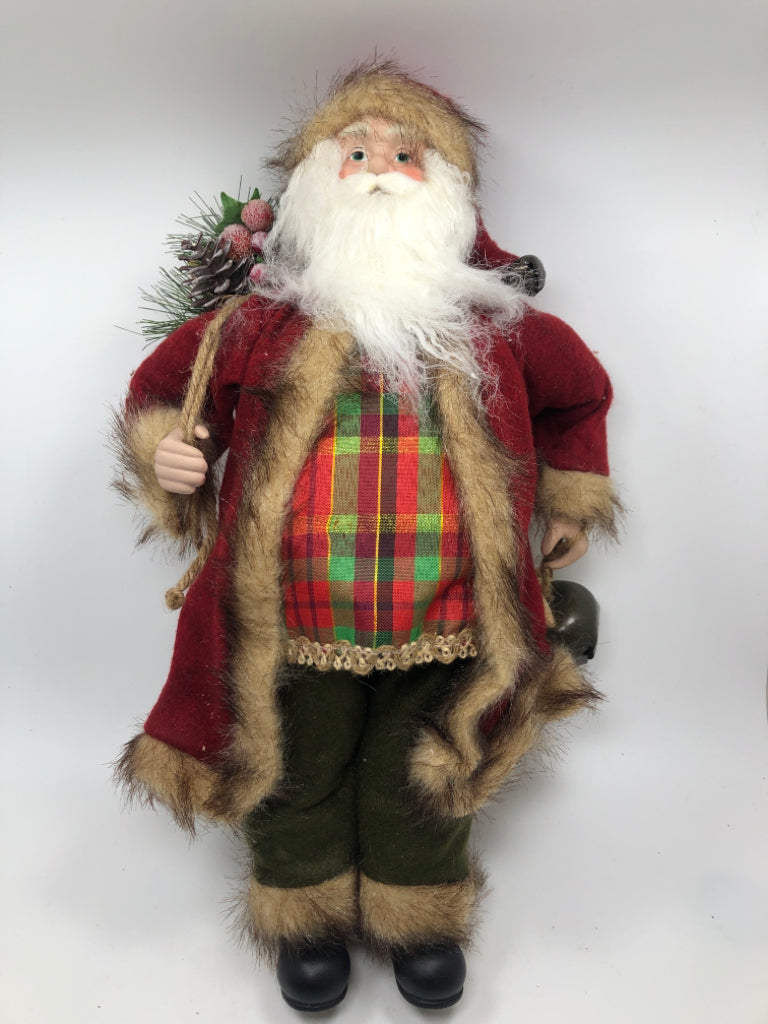 STANDING SANTA HOLDING BELL+SACK RED COAT,GREEN PANTS.