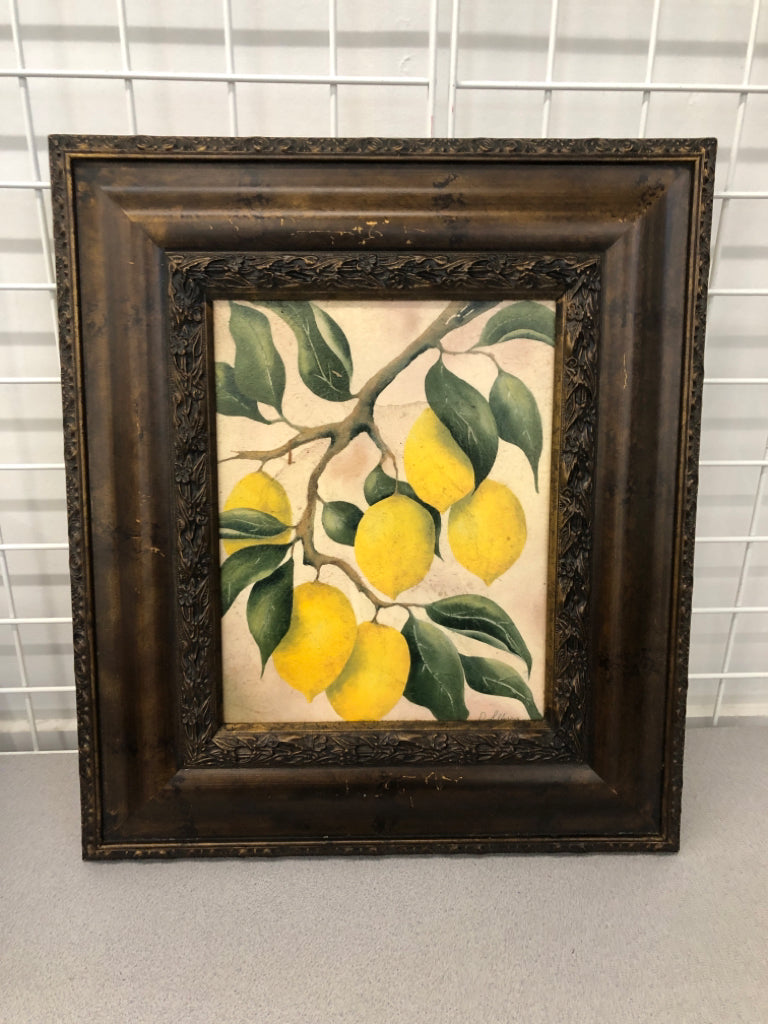 LEMONS PRINT IN ORNATE BROWN FRAME.