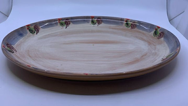 LARGE OVAL RED-BROWN ROOSTER PLATTER.