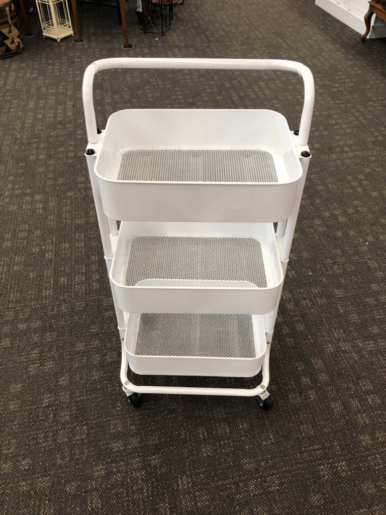 WHITE METAL 3 TIER STORAGE CART ON WHEELS.