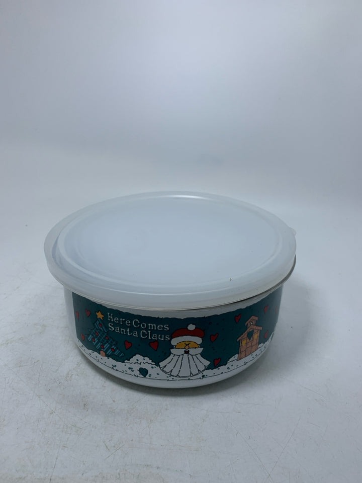 5 NESTING WHITE ENAMEL BOWLS W/ DIFFERENT CHRISTMAS SCENES & LIDS.