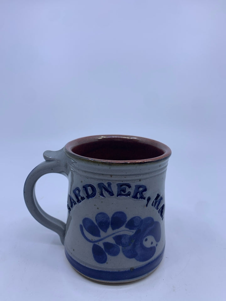 GREY AND BLUE GARDNER POTTERY MUG.