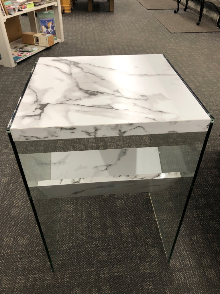 FAUX MARBLE END TABLE W/GLASS SIDES & FAUX MARBLE SLANTED SHELF.