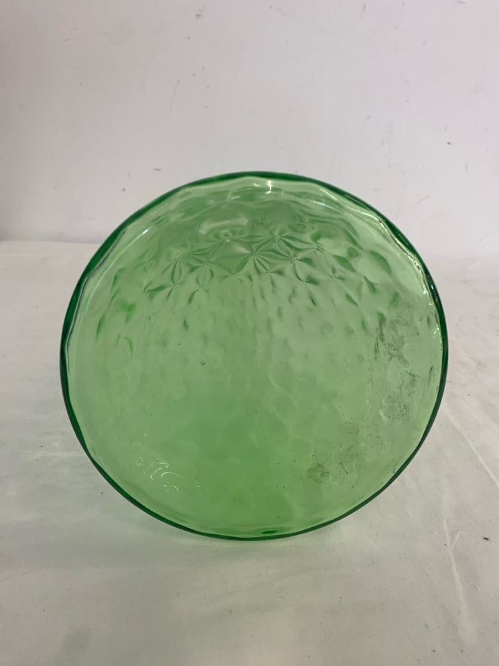 GREEN GLASS VASE W/NARROW NECK.