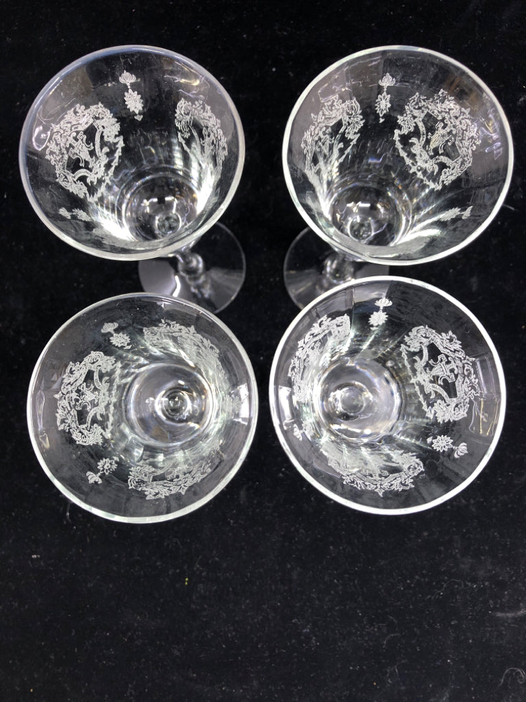 4 CLEAR ETCHED FLORAL SHERRY GLASSES.