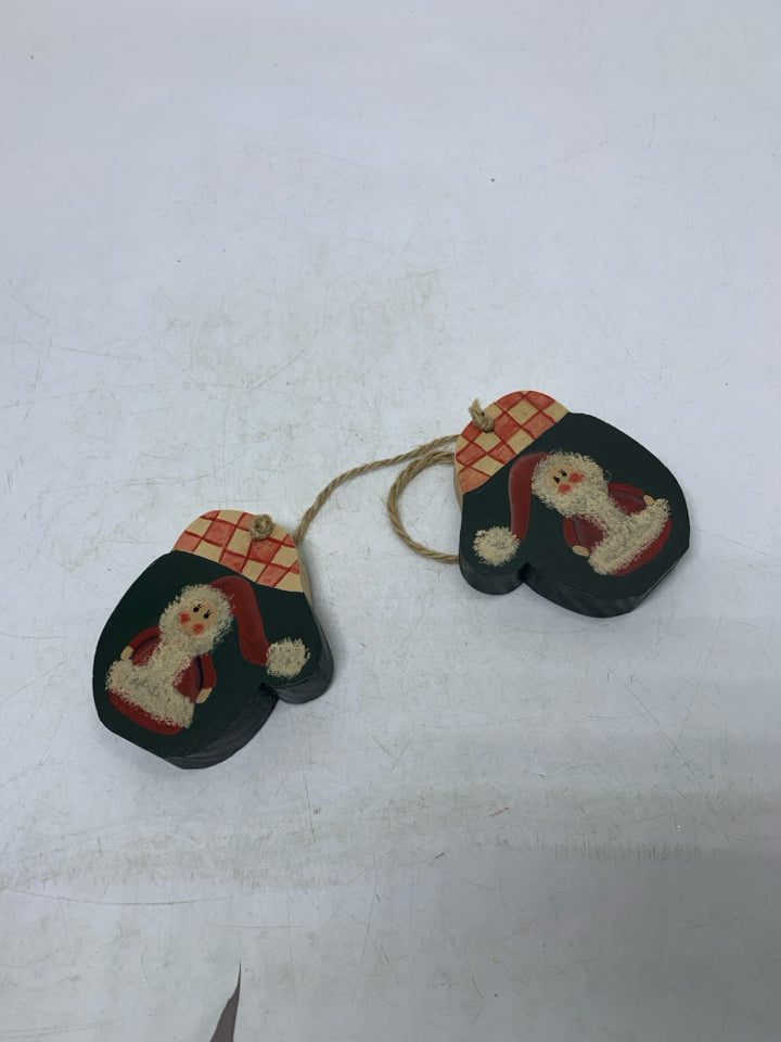 SMALL WOOD MITTENS W/ PAINTED SANTAS DECOR.