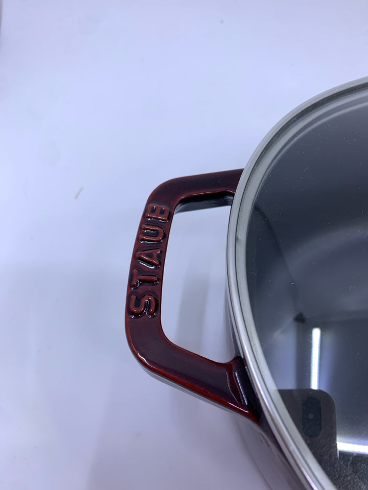 OVAL MAROON HEAVY DUTY STAUB DUTCH OVENDISH WITH GLASS LID.