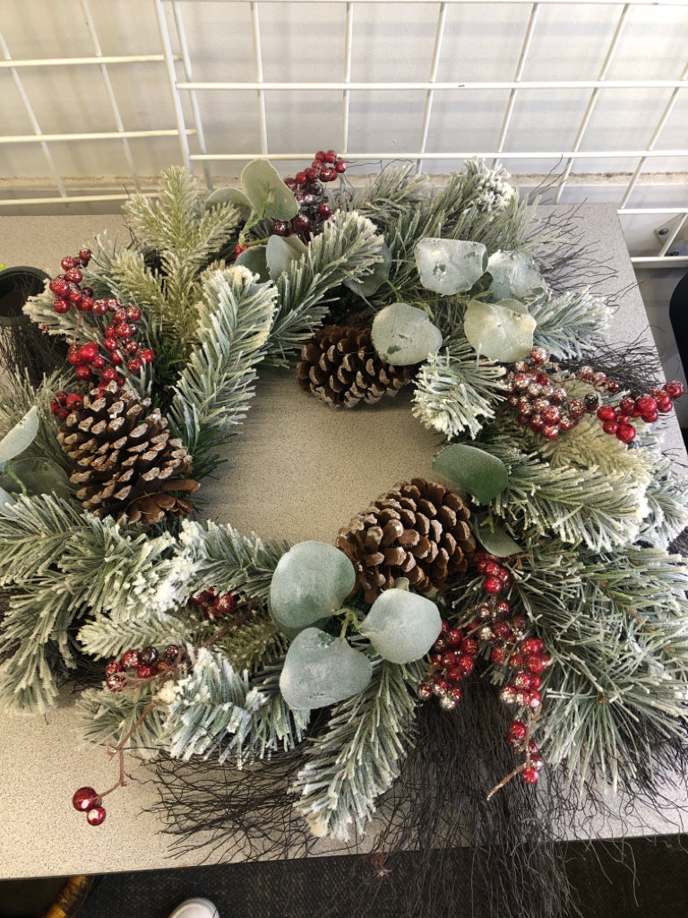 PINECONES W/RED BERRIES, WHITE SNOW WREATH.