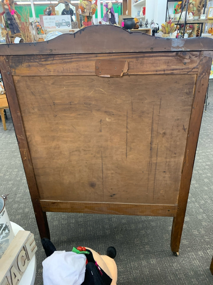 VTG TALL DRESSER W 4 DRAWERS ON WHEELS.