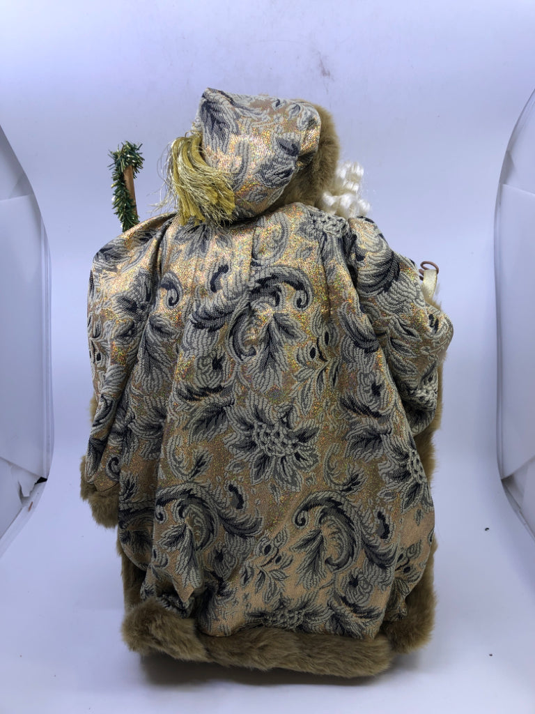 STANDING HOLLOW SANTA IN GOLD JACKET W/ PINECONES HOLDING STAKE.