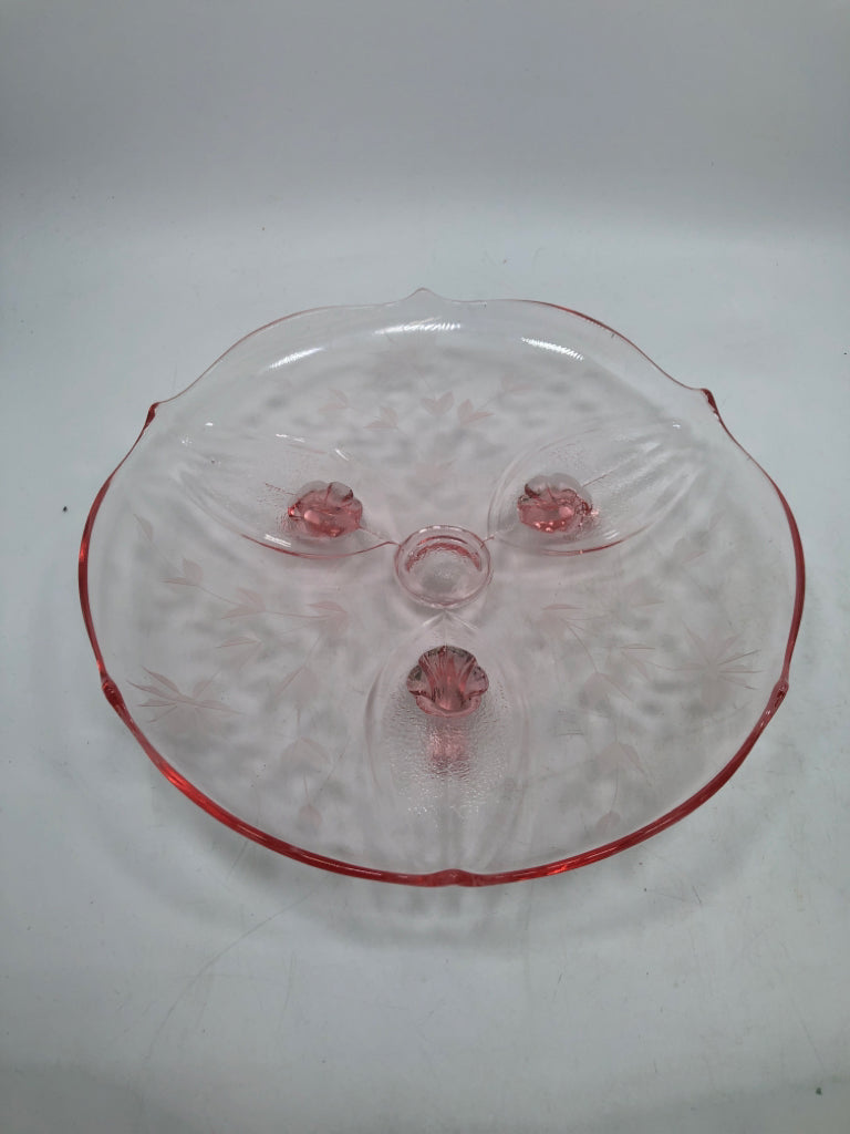 VTG PINK DEPRESSION GLASS ETCHED TRAY.
