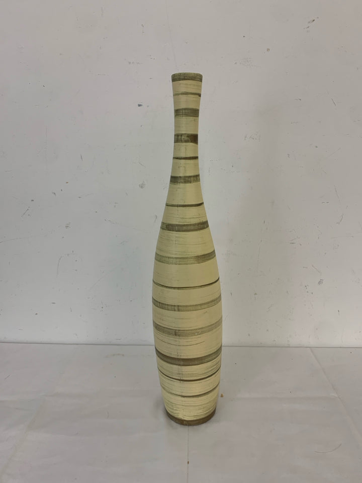 TALL CREAM STRIPED VASE W NARROW TOP.