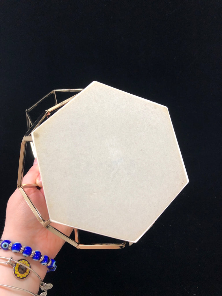 2 LG GOLD GEOMETRIC CANDLE HOLDERS.