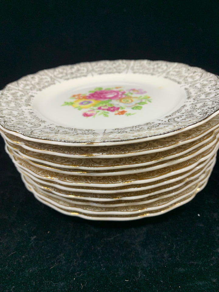 10 VTG APPETIZER PLATES IVORY GOLD DESIGN W/ COLORFUL BOUQUET.
