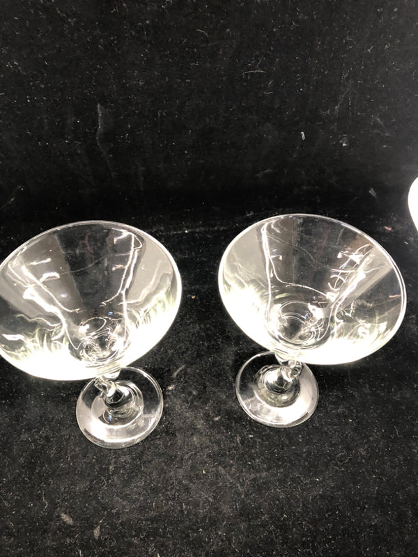 2 TWISTED STEM MARTINI GLASSES.