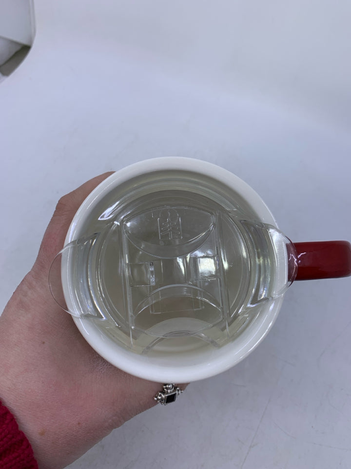 TALL WHITE MUG W/ RED FLOWERS BIRDS & PLASTIC TRAVEL LID.