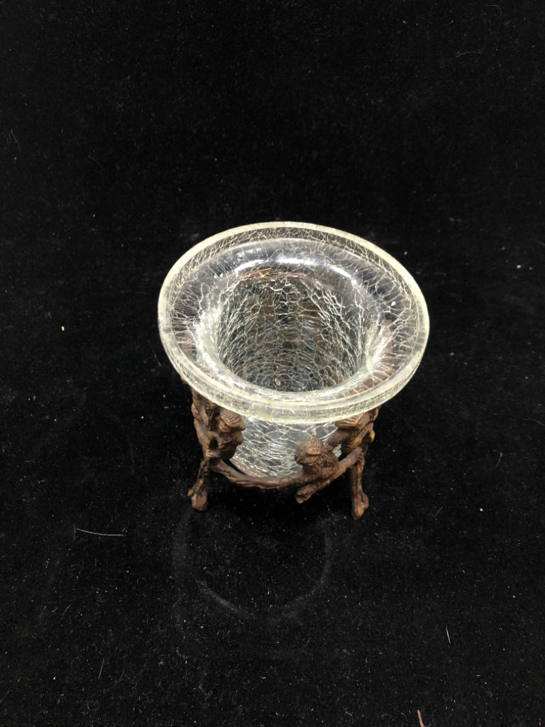BRONZE MONKEYS IN A TREE CRACKLE GLASS CANDLE HOLDER.