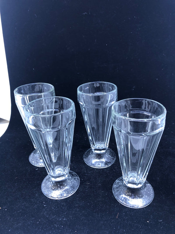 4 TALL GLASS SUNDAE CUPS W/ CARVED FOOT.
