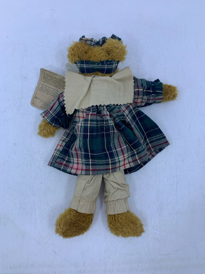BLONDE SHAG BEAR W/ PLAID DRESS W/ BUTTONS.