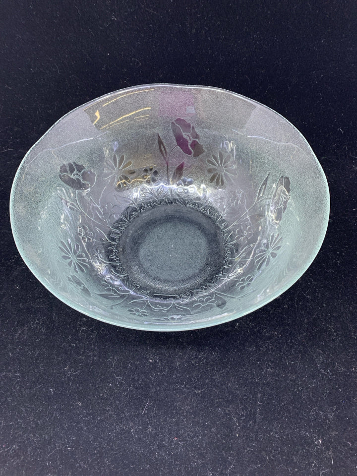 FROSTED GLASS BOWL W/ DAISIES & ROSES.