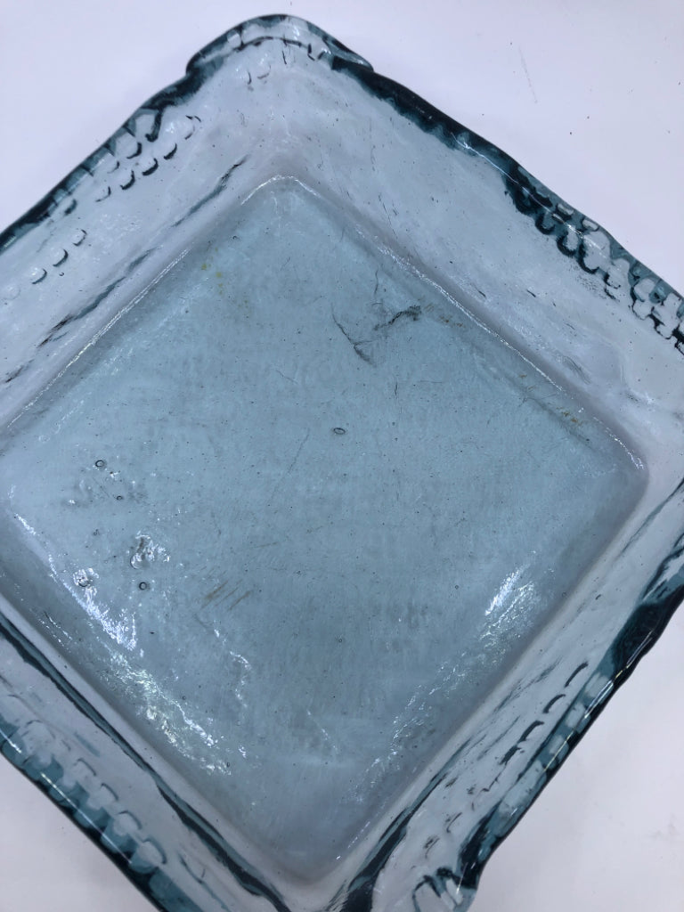 PALE BLUE HEAVY SQUARE GLASS CENTERPIECE DISH.