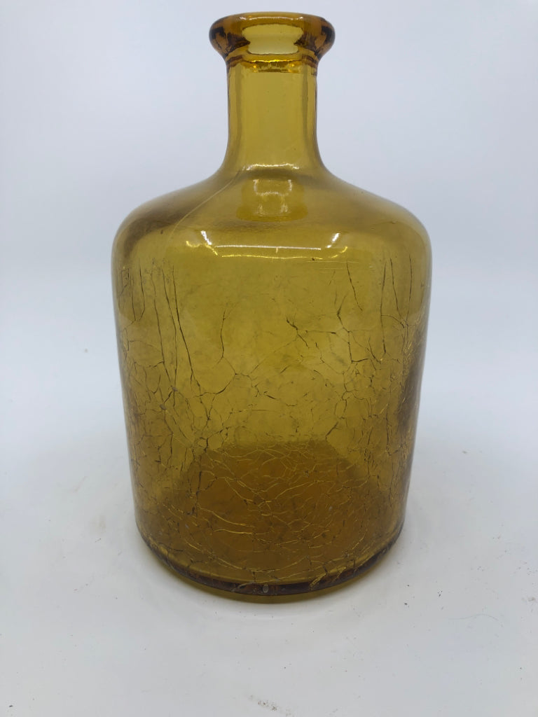 CRACKLE AMBER GLASS BOTTLE W NARROW TOP.