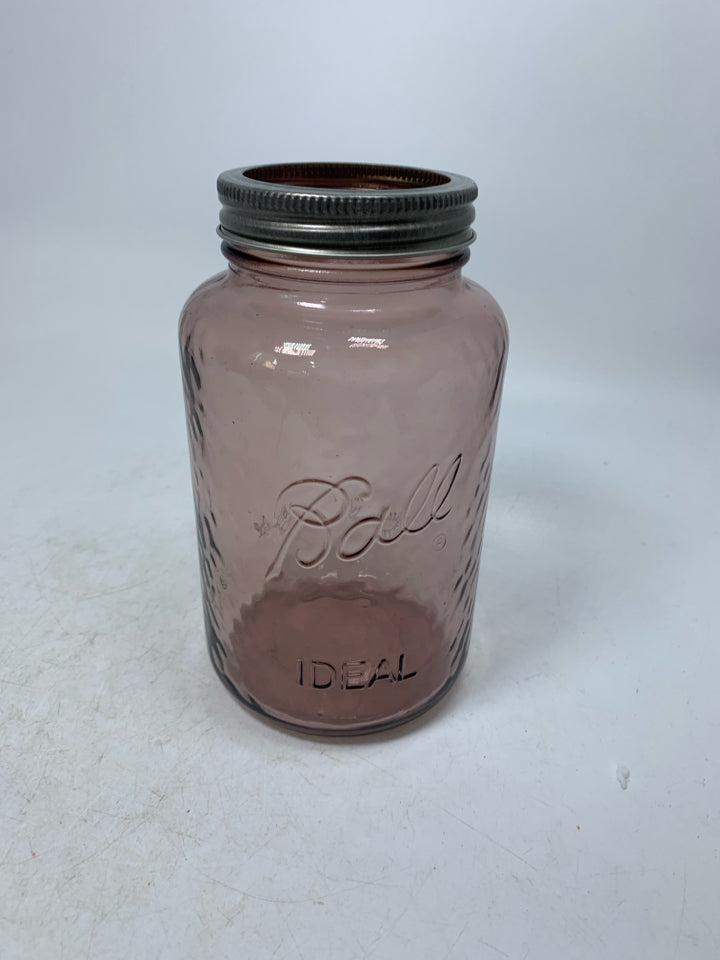 PURPLE TINTED BALL MASON JAR VASE.