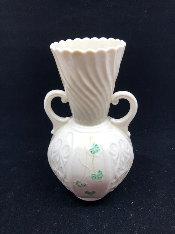 BELLEEK SHAMROCK VASE W FLARED TOP AND HANDLES.