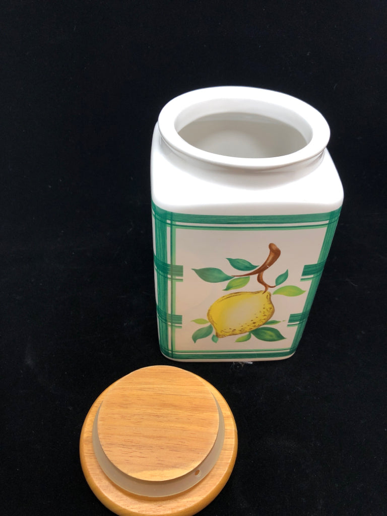 LEMON PAINTED GREEN PLAID CANISTER W/BAMBOO LID.