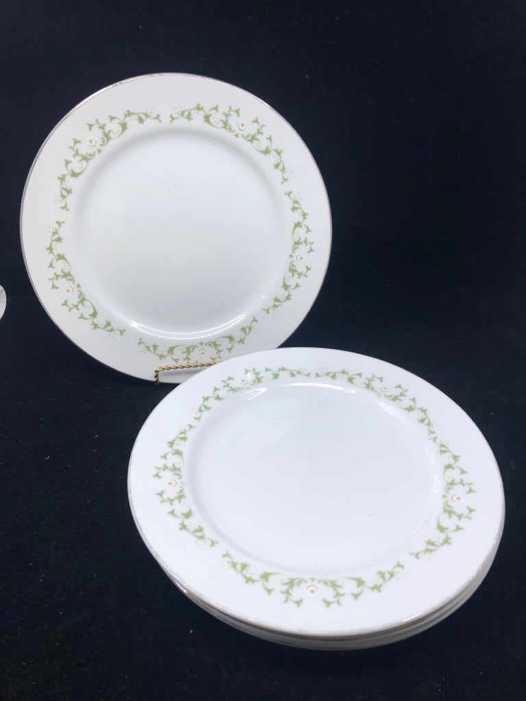 4 VTG WHITE AND GREEN DINNER PLATES.