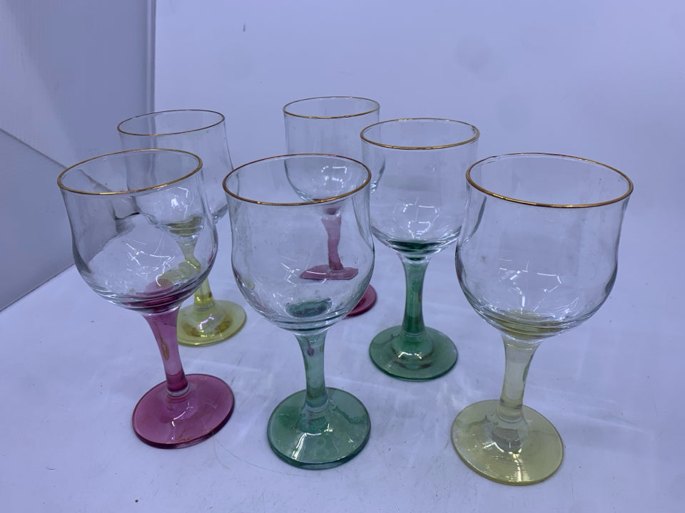 NIB 6 COLORED STEMS WINE GLASSES W GOLD RIM.