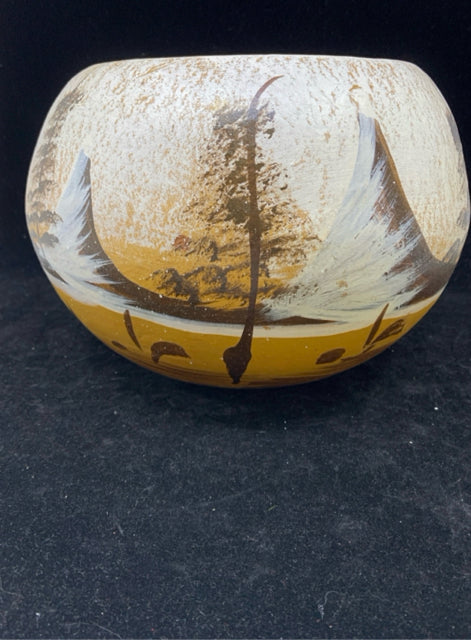 TERRA COTTA PLANTER W/ PAINTED MOUNTAINS + TREES.