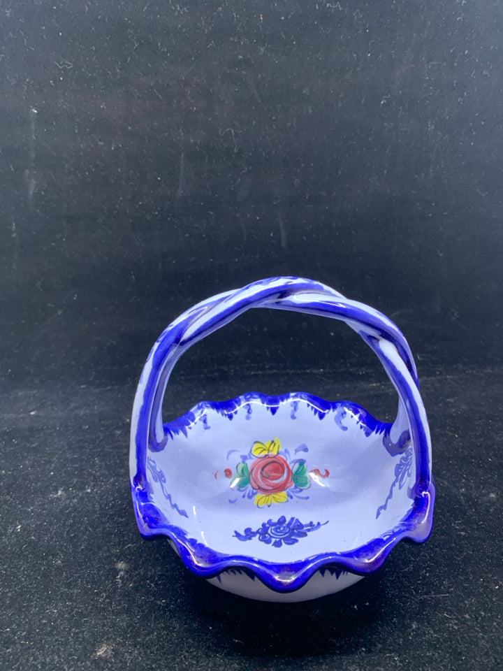 BLUE HAND PAINTED FLORAL BASKET.