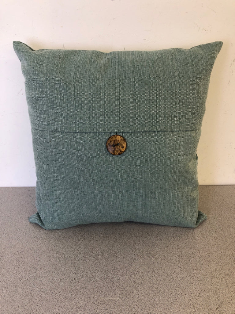 TEAL SQUARE PILLOW W WOOD BUTTON.
