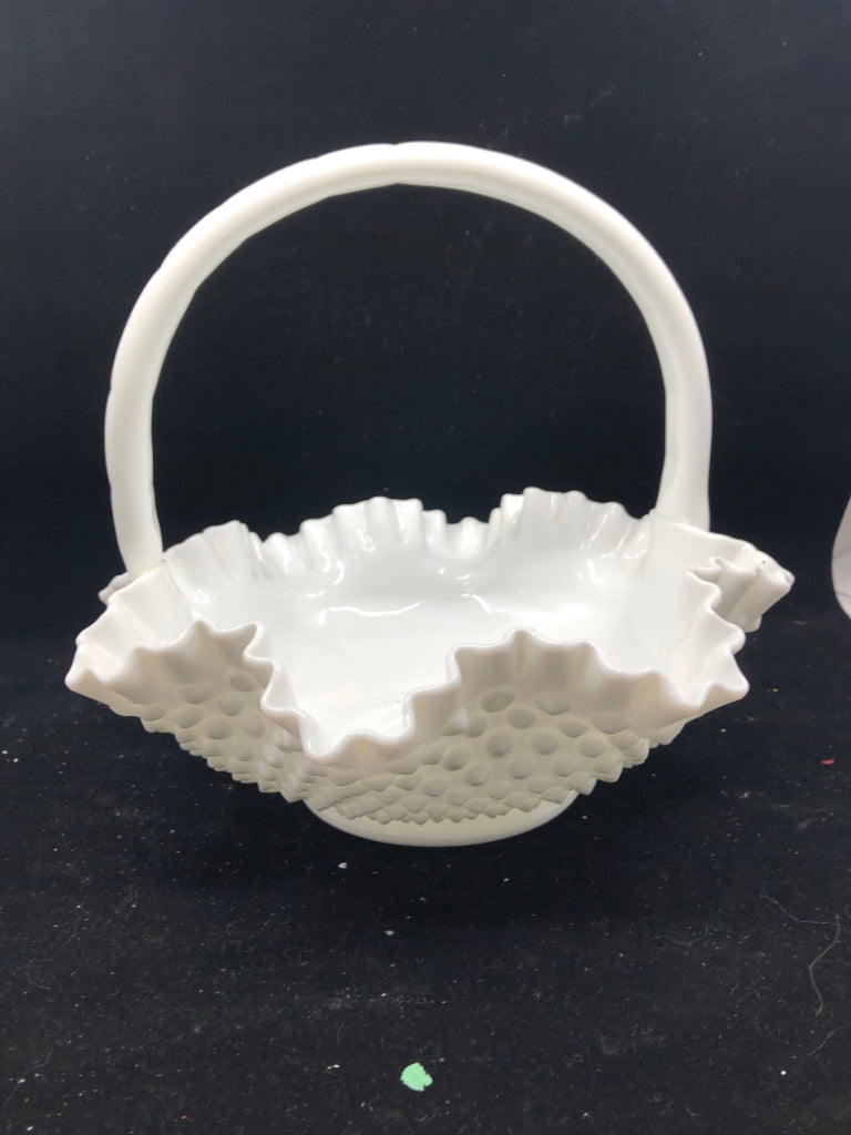 VTG LARGE MILK GLASS HOBBNAILED BASKET W WAVY EDGE.