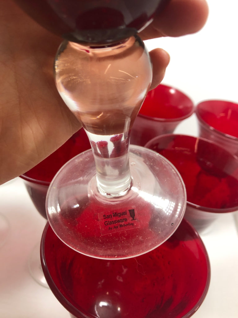 10 RED BUBBLE GLASS GOBLETS.
