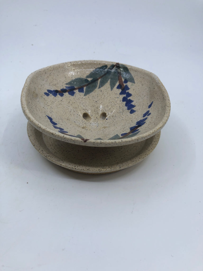 SMALL BLUE POTTERY BERRY STRAINER.