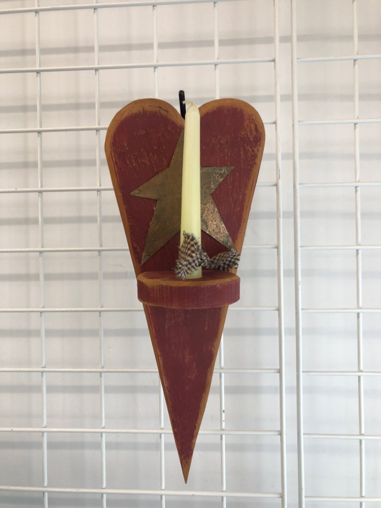 WOOD HEART CANDLE SCONCE W/METAL STAR.