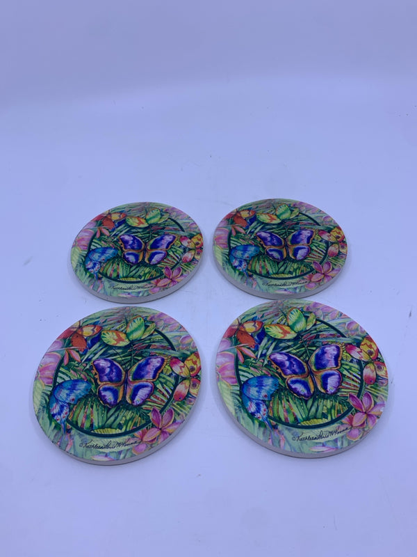 4 ROUND POTTERY COASTERS BUTTERFLIES.