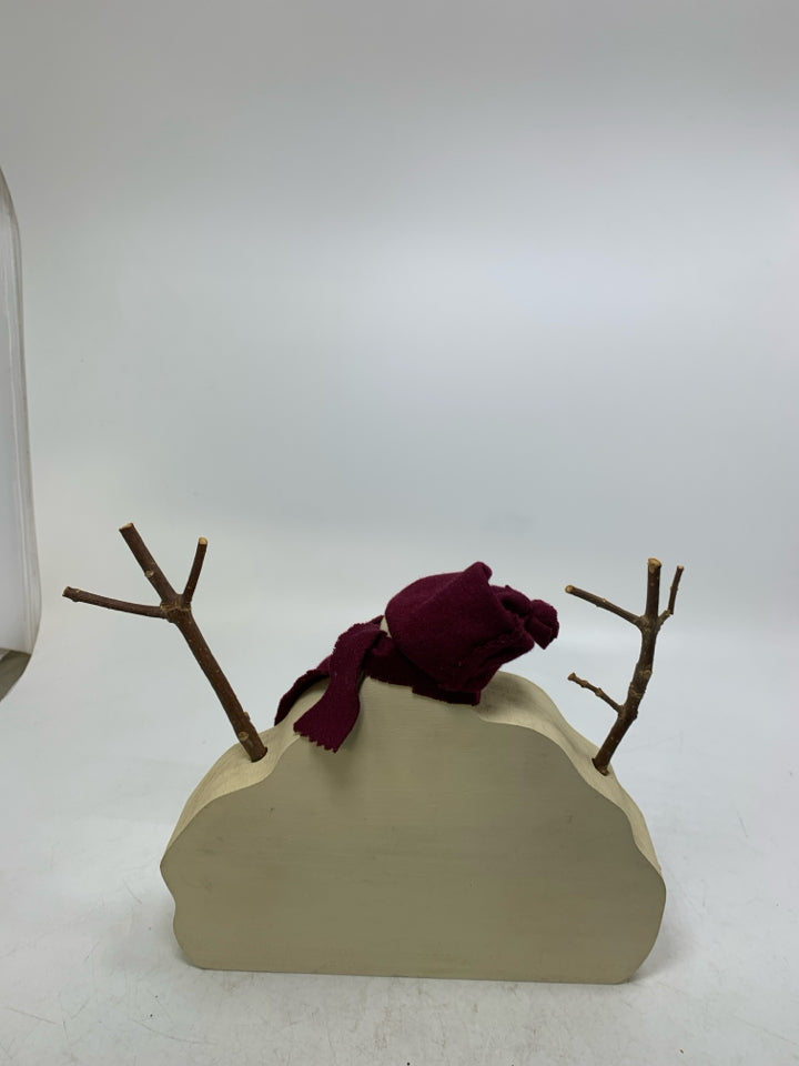 PRIMITIVE STYLE WOOD SNOWMAN W/ MAROON HAT/SCARF.
