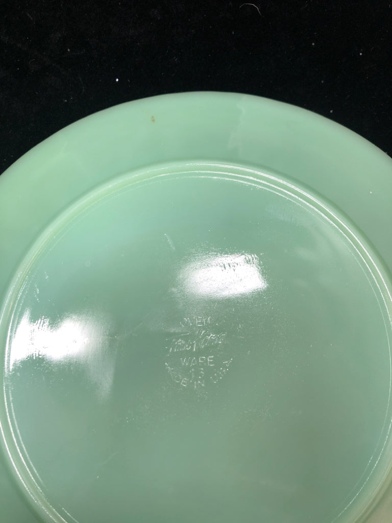 7 VTG JADEITE RIBBED FIRE-KING PLATES.